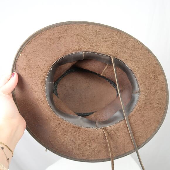 Vintage Dark Brown Leather Wide Brim Western Cowboy Rancher Hat